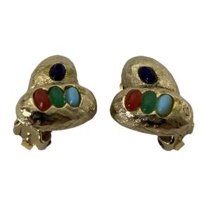 Vintage ART Arthur Pepper Gold Tone Czech Glass Cabochon Clip Earrings